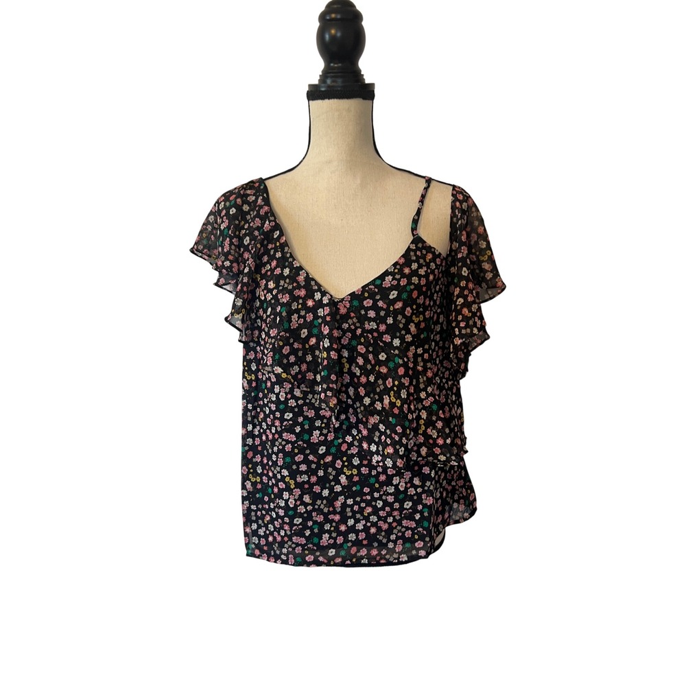 No Less Than Floral Cold Shoulder Ruffle Blouse Black Motif TNLT258 Small NWT